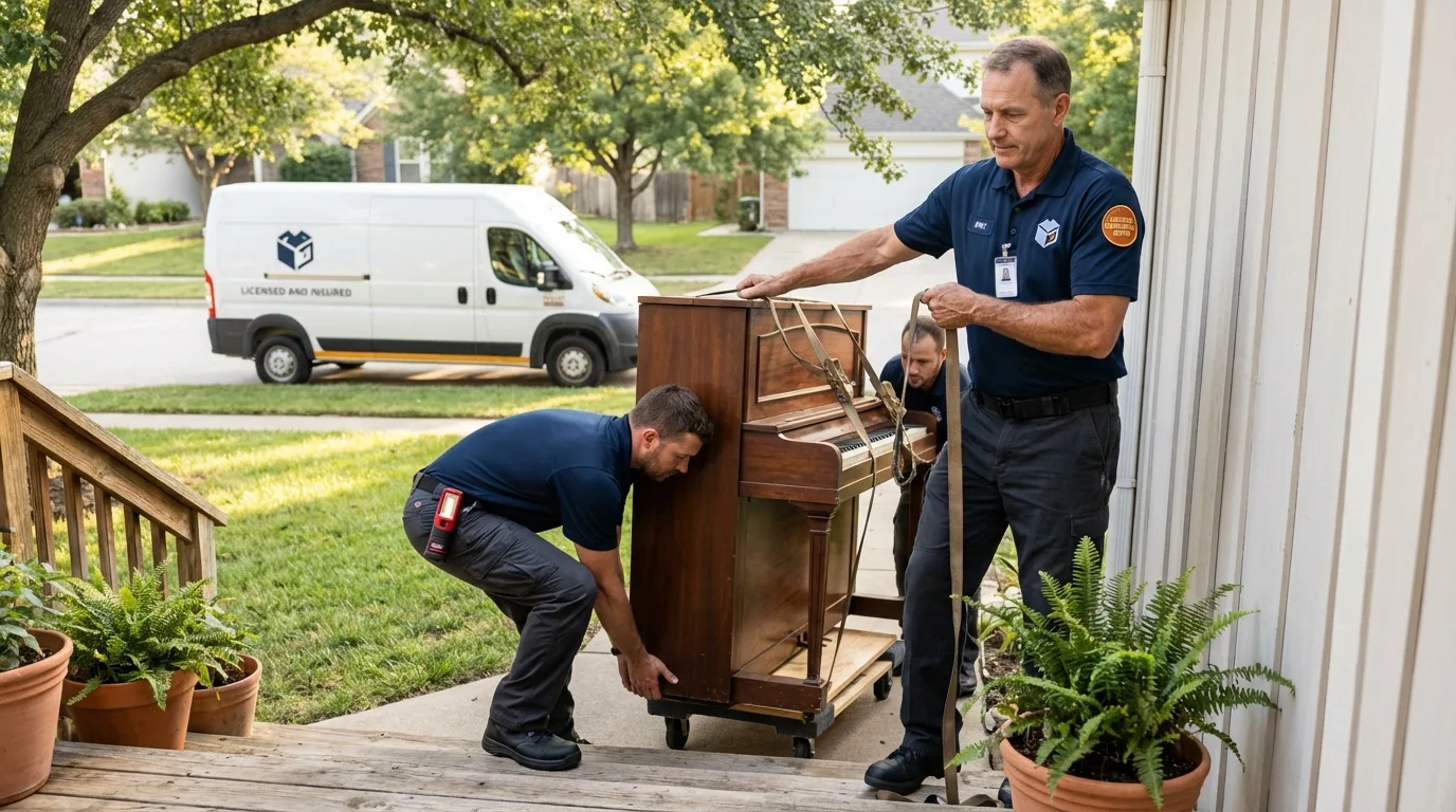 Licensed piano movers securing grand piano in Galeton, PA