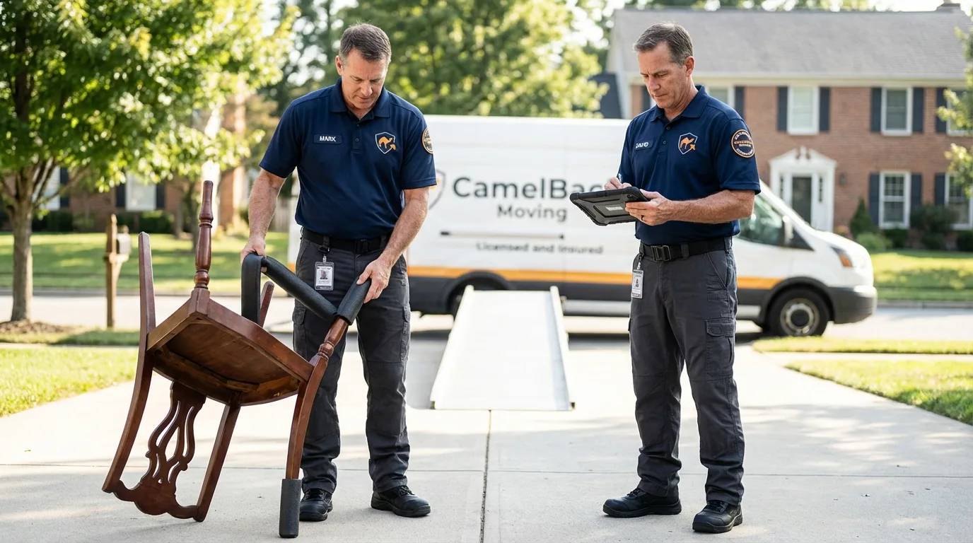 Movers inspecting furniture for damage prevention before loading in Galeton, PA