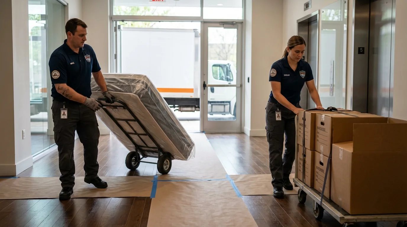 Professional apartment movers loading elevator in Galeton, PA